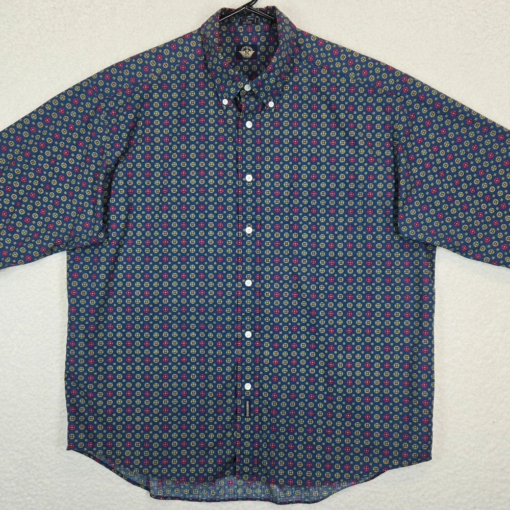 Vintage 90s Dockers Mens XL Button Down Shirt Long Sleeve Geometric Blue Red XL